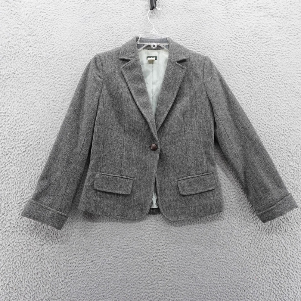 J Crew Wool Herringbone Blazer‎ Jacket Size 2 Gray Womens Lined Career